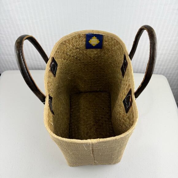 ONIGO Elegant Natural Woven Handmade French Basket Tan Tote Bag Leather Handles - Picture 2 of 7